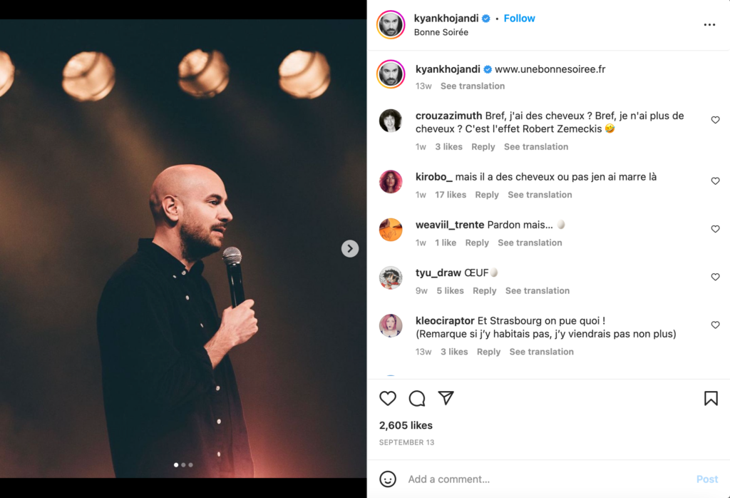 Kyan khojandi chauve sur sa publication instgram avec commentaire oeuf