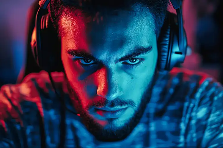 Un gamer concentré sur son écran la nuit pendant une partie de jeux vidéo