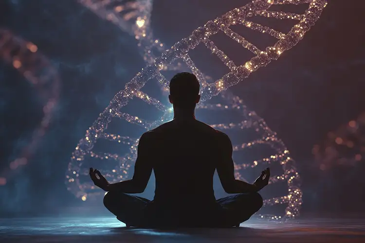 illustration d'un homme méditant de la structure d'un ADN