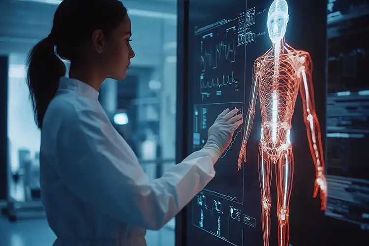 Dessin d'une chercheuse en train d'analyser le corps