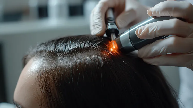 Femme recevant un traitement par électrostimulation contre la perte de cheveux