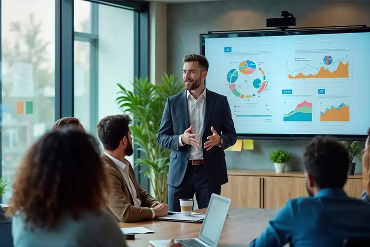 Un homme confiant présente devant ses collègues de travail