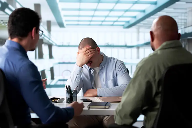 Un homme inquiet et abattu lors d’un entretien d’embauche