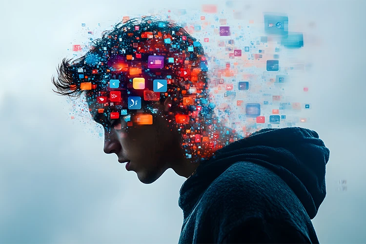 Jeune homme avec symboles holographiques des réseaux sociaux flous autour de la tête