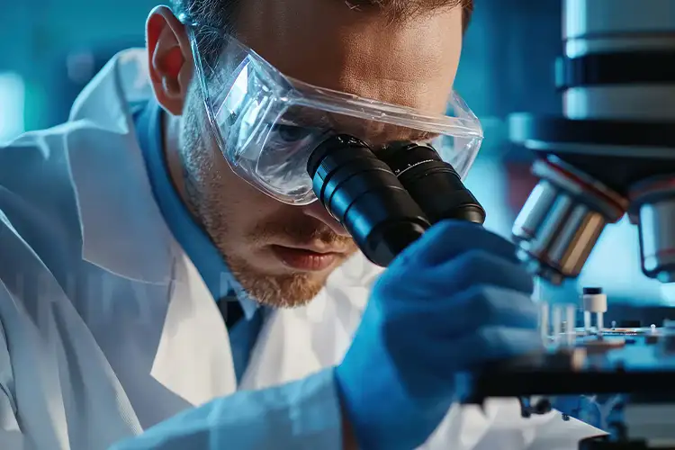 Chercheur observant des échantillons au microscope dans un laboratoire