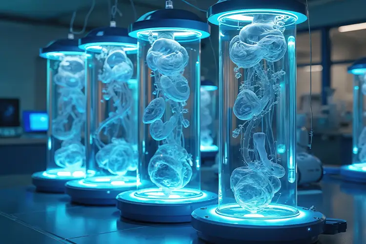 Laboratoire futuriste avec cellules cultivées dans des bioréacteurs