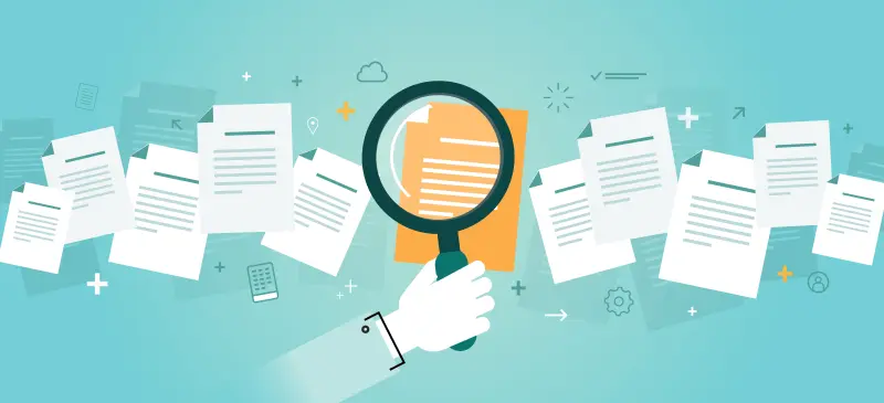 Illustration d’une main tenant une loupe au-dessus de divers documents