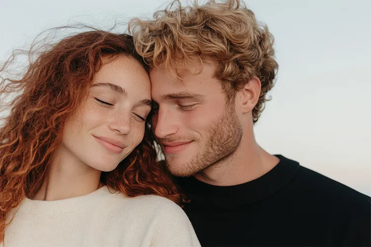 Couple enlacé front contre front exprimant l’intimité et la connexion émotionnelle
