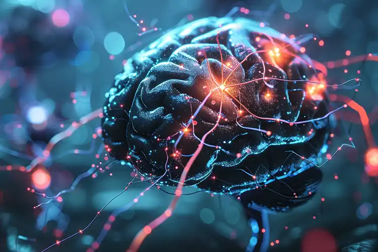 Illustration montrant un cerveau activé par une stimulation électrique, avec des connexions neuronales mises en lumière.