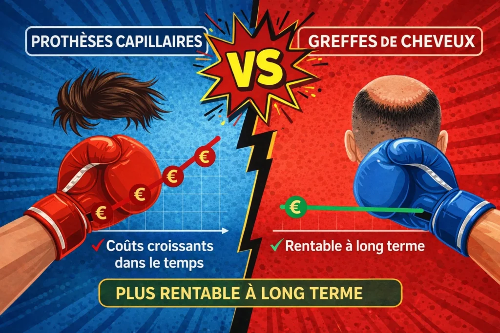 Visuel comparatif « Prothèses capillaires vs greffe » avec une prothèse (coûts croissants) et une greffe de cheveux (solution rentable à long terme).