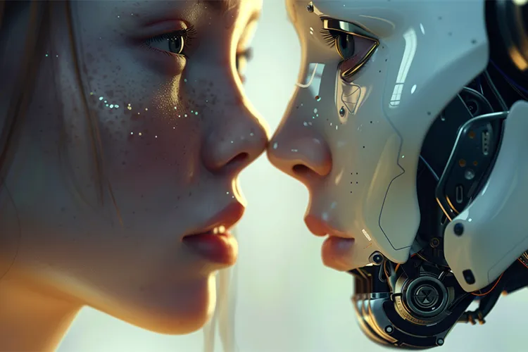Femme et robot humanoïde avec leurs nez rapprochés établissant un contact visuel intense symbolisant la connexion entre humain et intelligence artificielle
