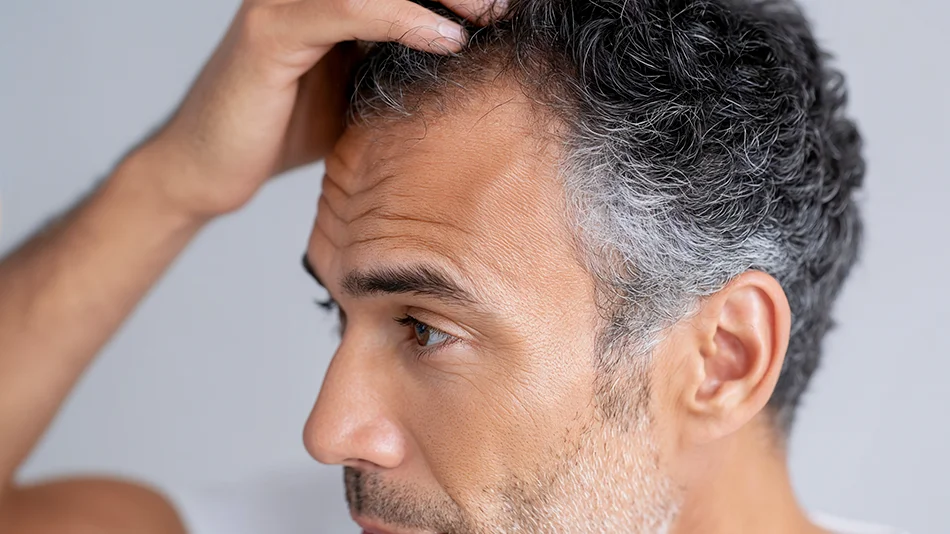 Homme aux cheveux gris avec une expression pensive regardant vers le bas