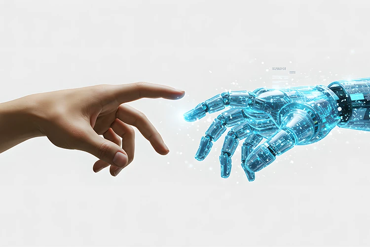 Main humaine et main robotique numérique approchant leurs doigts presque en contact représentant l interaction homme machine