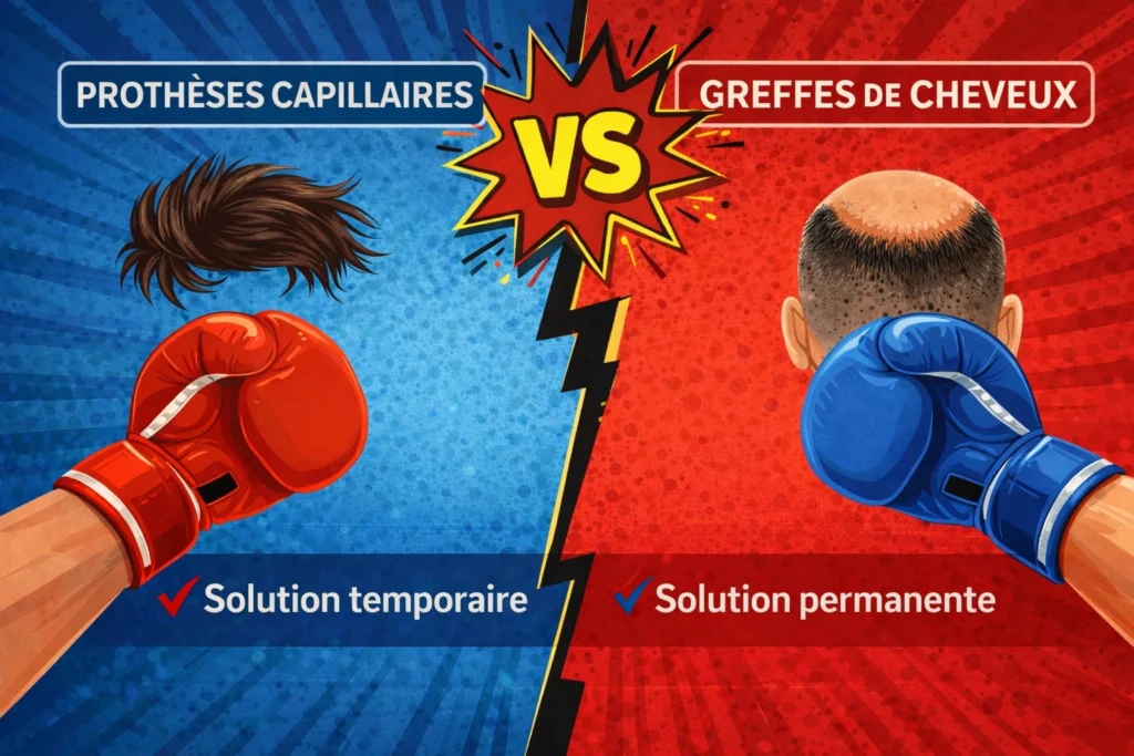 Visuel comparatif « prothèses capillaires vs greffes de cheveux » avec une perruque (solution temporaire) et une tête ayant fait une greffe capillaire (solution permanente).