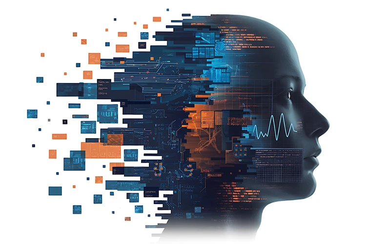 Tête humaine se dissolvant progressivement en particules numériques symbolisant la fusion entre biologie et technologie