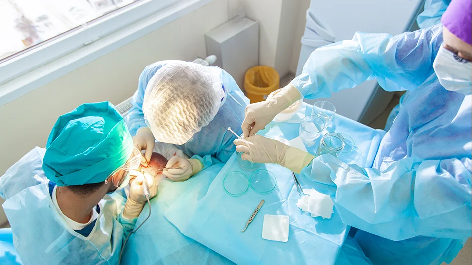 Équipe médicale réalisant une greffe de cheveux par méthode FUE en salle d’opération