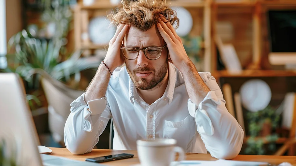 Homme stressé submergé tenant sa tête avec la main
