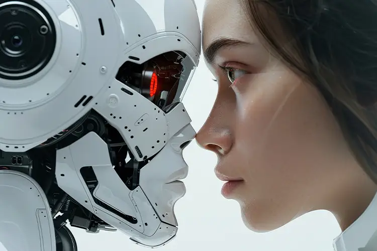Un humain et un robot intelligence artificielle se regardant face à face symbolisant la relation entre technologie et émotions