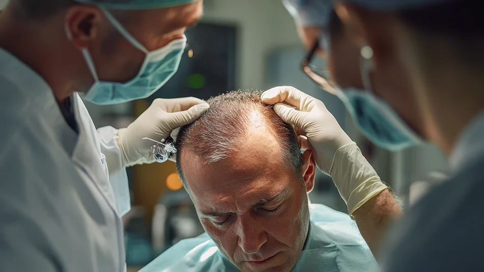 Médecins examinant le cuir chevelu d’un patient pour analyser la santé capillaire