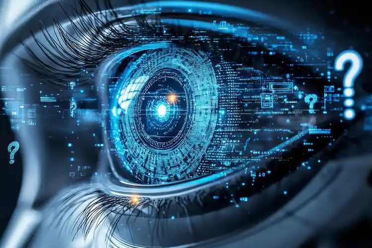 Œil numérique analysant des données avec des points d’interrogation illustrant les enjeux éthiques et la surveillance