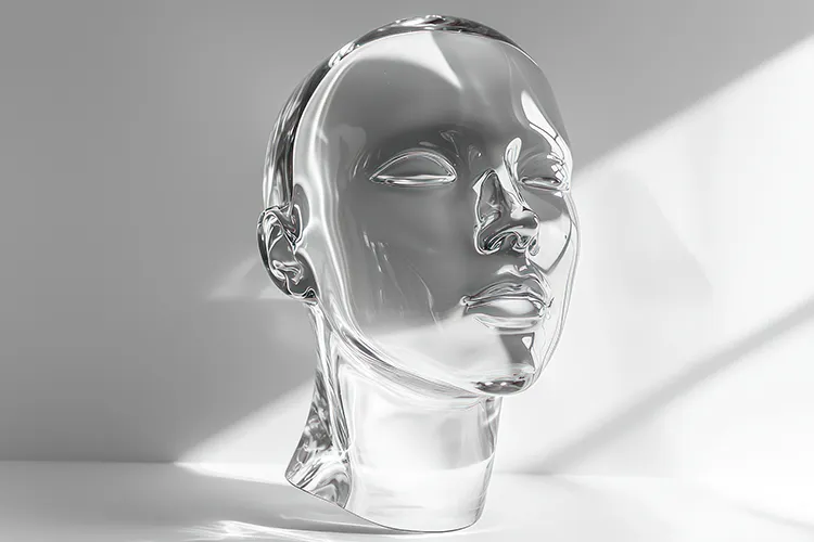 Tête humaine en verre symbolisant la transparence mentale et la mesure des états psychiques