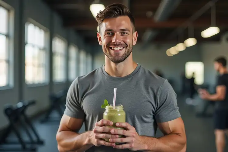 Homme actif adoptant un mode de vie sain avec une boisson nutritive à la main