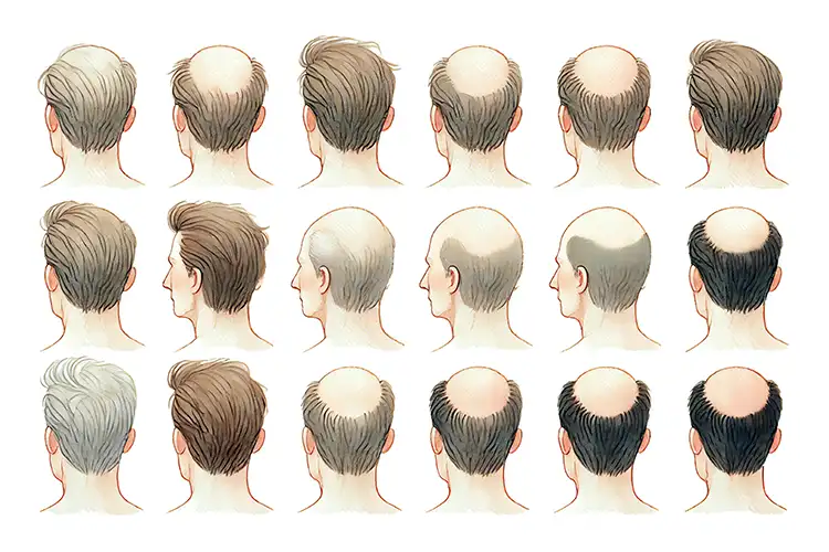 Illustration des zones du cuir chevelu touchées par l’amincissement capillaire à l’arrière