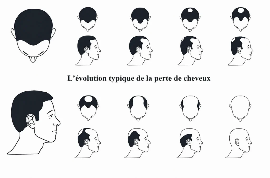 Représentation des phases progressives de la calvitie d’origine génétique